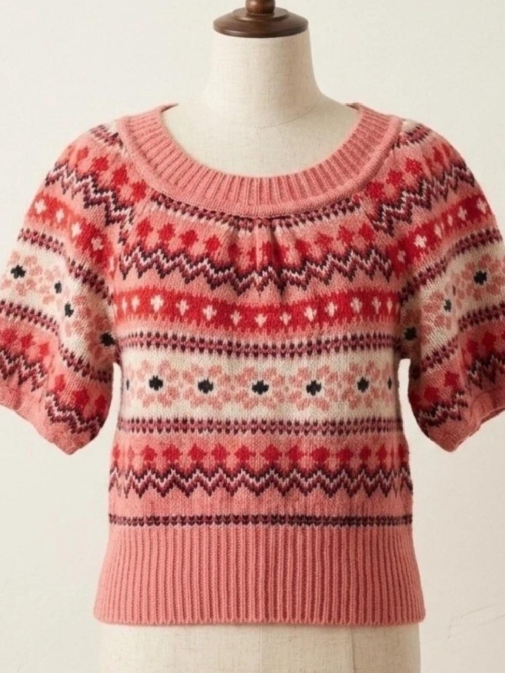 Anthropologie sleeping on snow wool Pink Fair Isle Short-Sleeve Sweater small